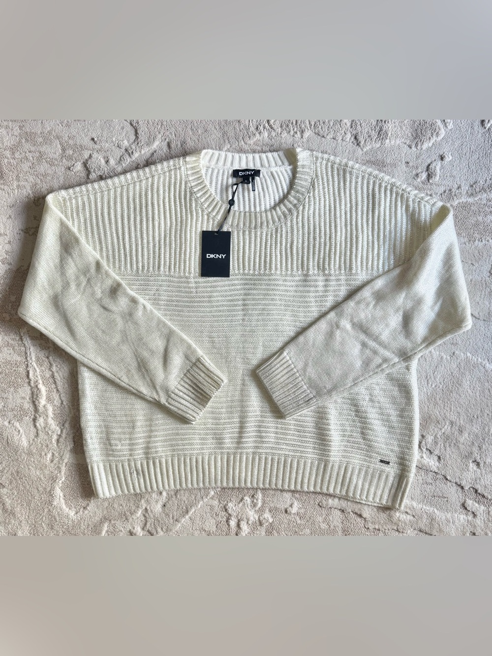 DKNY Ivory Knit Metallic Shimmer Crewneck Sweater Pullover Women’s XL
